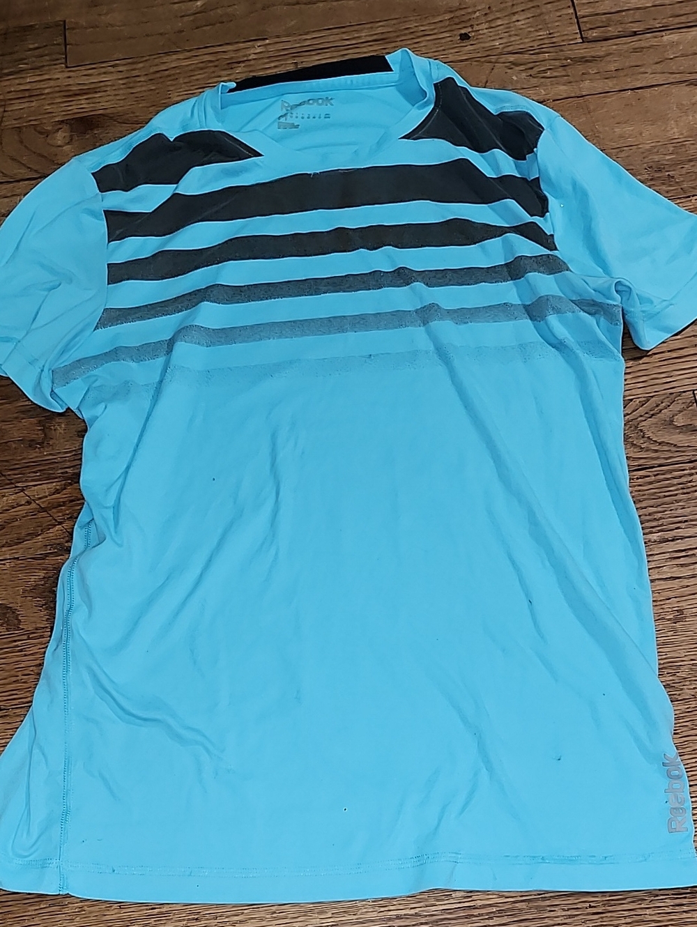 Reebok Men’s Aqua Blue Short Sleeve Performance Tee with Black Stripes